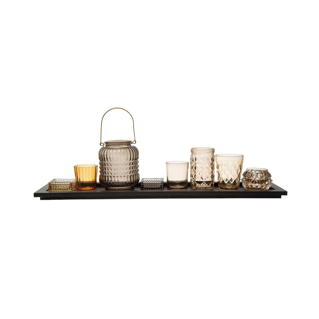 Embossed Glass Votive Holders with Black Finish Wood Tray Set